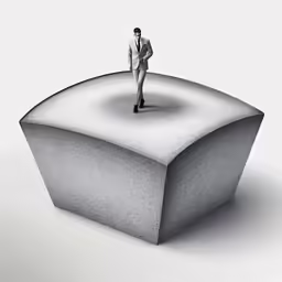 a man in a business suit stands on the edge of a square shaped structure