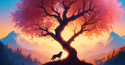 a colorful, bright scene with a tree and a horse standing underneath it,a painting of a tree with a silhouette of a wolf