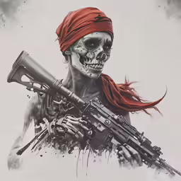a painting of a skeleton with a gun