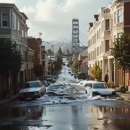 a city street is flooded with rain and water