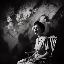 black and white photograph of a woman sitting in a chair