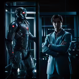 two men dressed in suits in front of a doorway