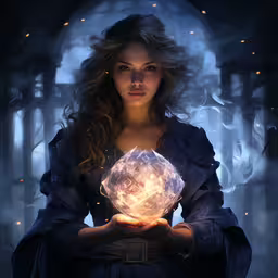 a woman holding an ice ball with many stars on it,the woman is holding a crystal ball in her hands