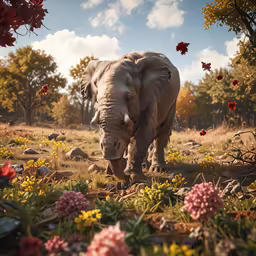 an elephant standing next to red and yellow flowers