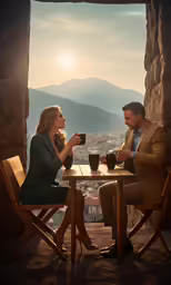 man and woman enjoying tea together while overlooking the city
