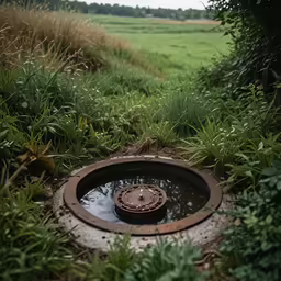 a water drain hole surrounded by bushes and plants