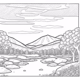 the landscape has been drawn by the pencils,an illustration of a landscape with a river