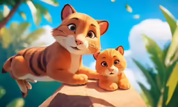 a tiger and lion cub pose on top of a rock