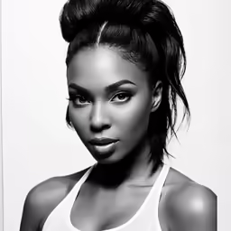 a woman with an unshaked black face and messy bun