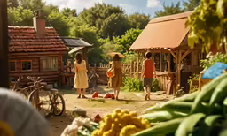 the girls and the boy are standing outside near other houses