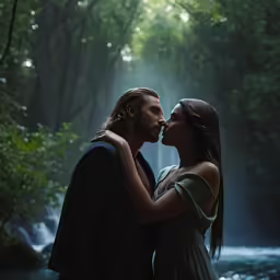 a couple posing for a photo in front of a waterfall
