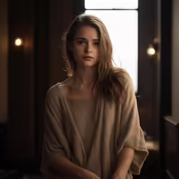 a woman in an open dressing room looking off into the distance