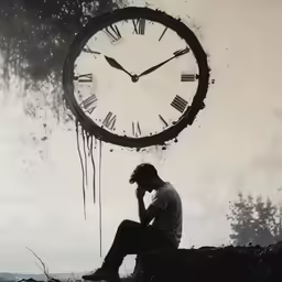 man sitting in a clearing between two clocks
