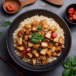 a black plate topped with tofu and rice next to wooden spoons