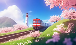 a painting of a train going by a lighthouse