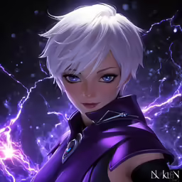 a anime character in purple clothing and lightning