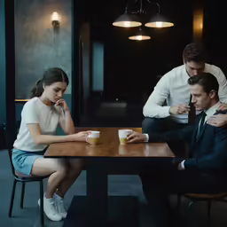 three people sitting at a table together