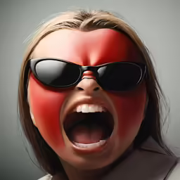 a young woman in a red mask and sunglasses with a weird facial expression