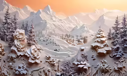this painting depicts snow covered trees and mountains