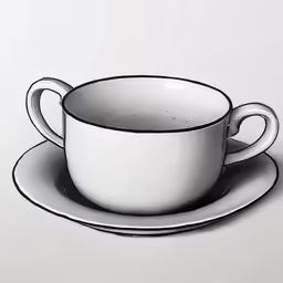 black and white photo of a plate with a white cup