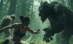 a girl holds the arm of a monster as they fight