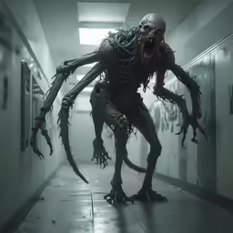 an alien like creature walking through an hallway