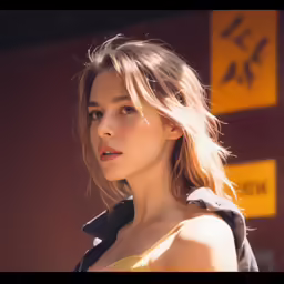 the woman has a light brown hair in front of the red wall