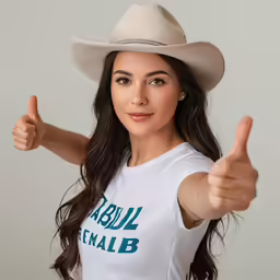 woman in a white shirt and cowboy hat gives thumbs up