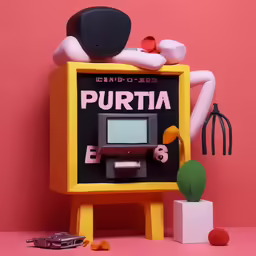 a computer machine and some fake toys in a room
