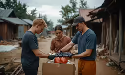 three men unpack produce in front of their shack