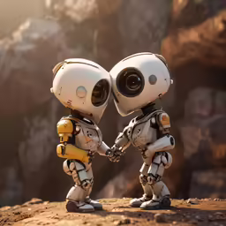 two robots shaking hands outside in the middle of rocks