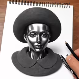 a drawing of a person wearing a black hat and a long white blouse