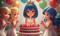 three little girls with their faces covered in candles near a cake