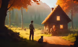 a man standing on a dirt road next to a dog,a person with a dog and a house in the background