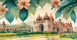 an old castle with flowers and greenery in front