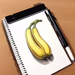 drawing a banana on top of a white notebook