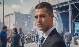 a close up of a man in a suit