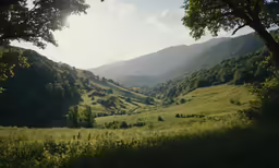 a beautiful valley surrounded by hills and trees