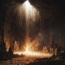 people sitting around a campfire in the middle of the night