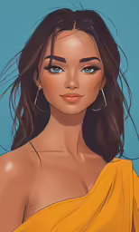 a woman in a yellow dress and gold hoop earrings