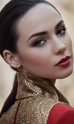 a woman with bright red lipstick looking into the distance