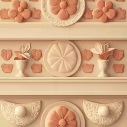 several ceramic decorations on a shelf next to a wall