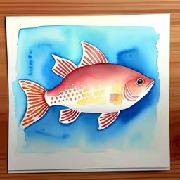 a painting of a fish on top of a wooden board,a goldfish sitting on top of a blue background
