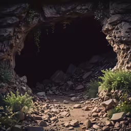a rocky trail passing through a cave filled with rocks