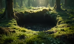 the sun shines through a hole in the woods