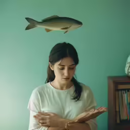 a woman is looking at a fish hanging on the ceiling
