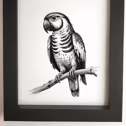 a black and white drawing of a parrot