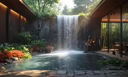 a waterfall in a home with a woman sitting near it