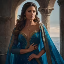 an attractive woman in a blue gown is posing