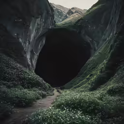 a trail is in front of a dark cave